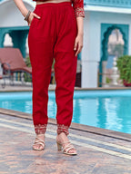 Embroidered & Bandhani Printed Flared Kurta With Pant & Printed Dupatta, Red - Hiral Fashion - Distacart