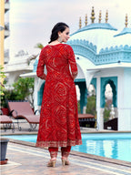 Embroidered & Bandhani Printed Flared Kurta With Pant & Printed Dupatta, Red - Hiral Fashion - Distacart