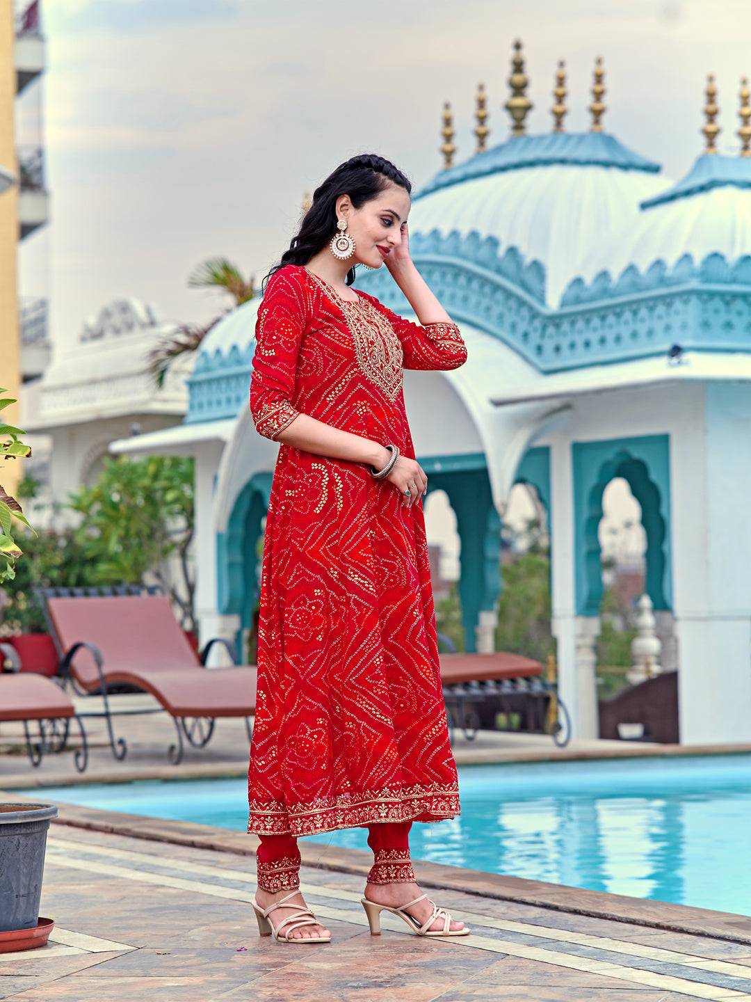 Embroidered & Bandhani Printed Flared Kurta With Pant & Printed Dupatta, Red - Hiral Fashion - Distacart