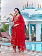 Embroidered & Bandhani Printed Flared Kurta With Pant & Printed Dupatta, Red - Hiral Fashion - Distacart