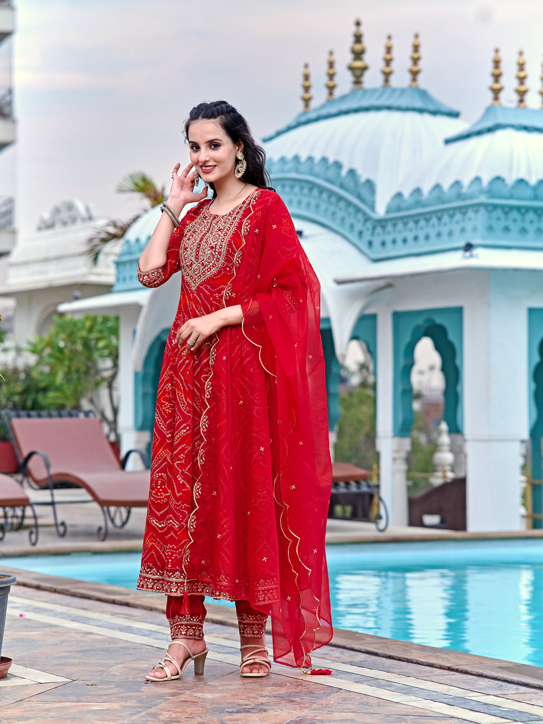 Embroidered & Bandhani Printed Flared Kurta With Pant & Printed Dupatta, Red - Hiral Fashion - Distacart