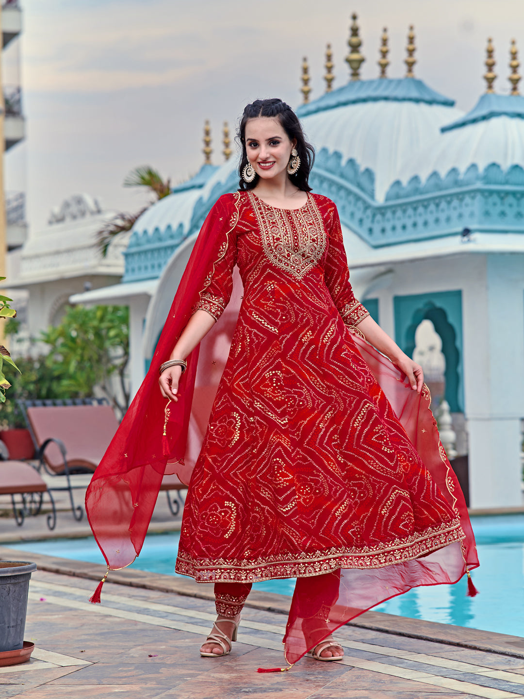 Embroidered & Bandhani Printed Flared Kurta With Pant & Printed Dupatta, Red - Hiral Fashion - Distacart