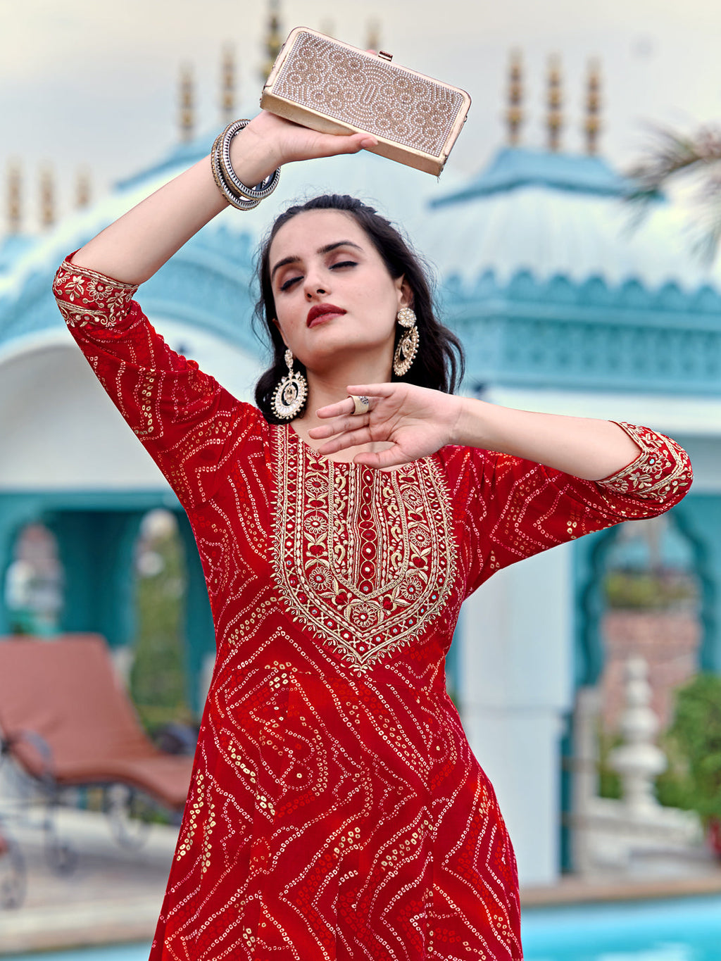 Embroidered & Bandhani Printed Flared Kurta With Pant & Printed Dupatta, Red - Hiral Fashion - Distacart