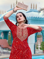Embroidered & Bandhani Printed Flared Kurta With Pant & Printed Dupatta, Red - Hiral Fashion - Distacart