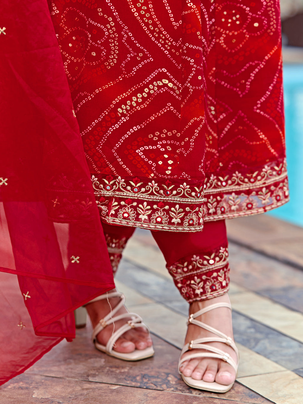 Embroidered & Bandhani Printed Flared Kurta With Pant & Printed Dupatta, Red - Hiral Fashion - Distacart