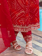 Embroidered & Bandhani Printed Flared Kurta With Pant & Printed Dupatta, Red - Hiral Fashion - Distacart