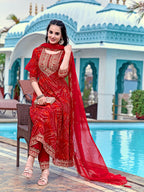 Embroidered & Bandhani Printed Flared Kurta With Pant & Printed Dupatta, Red - Hiral Fashion - Distacart