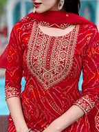 Embroidered & Bandhani Printed Flared Kurta With Pant & Printed Dupatta, Red - Hiral Fashion - Distacart