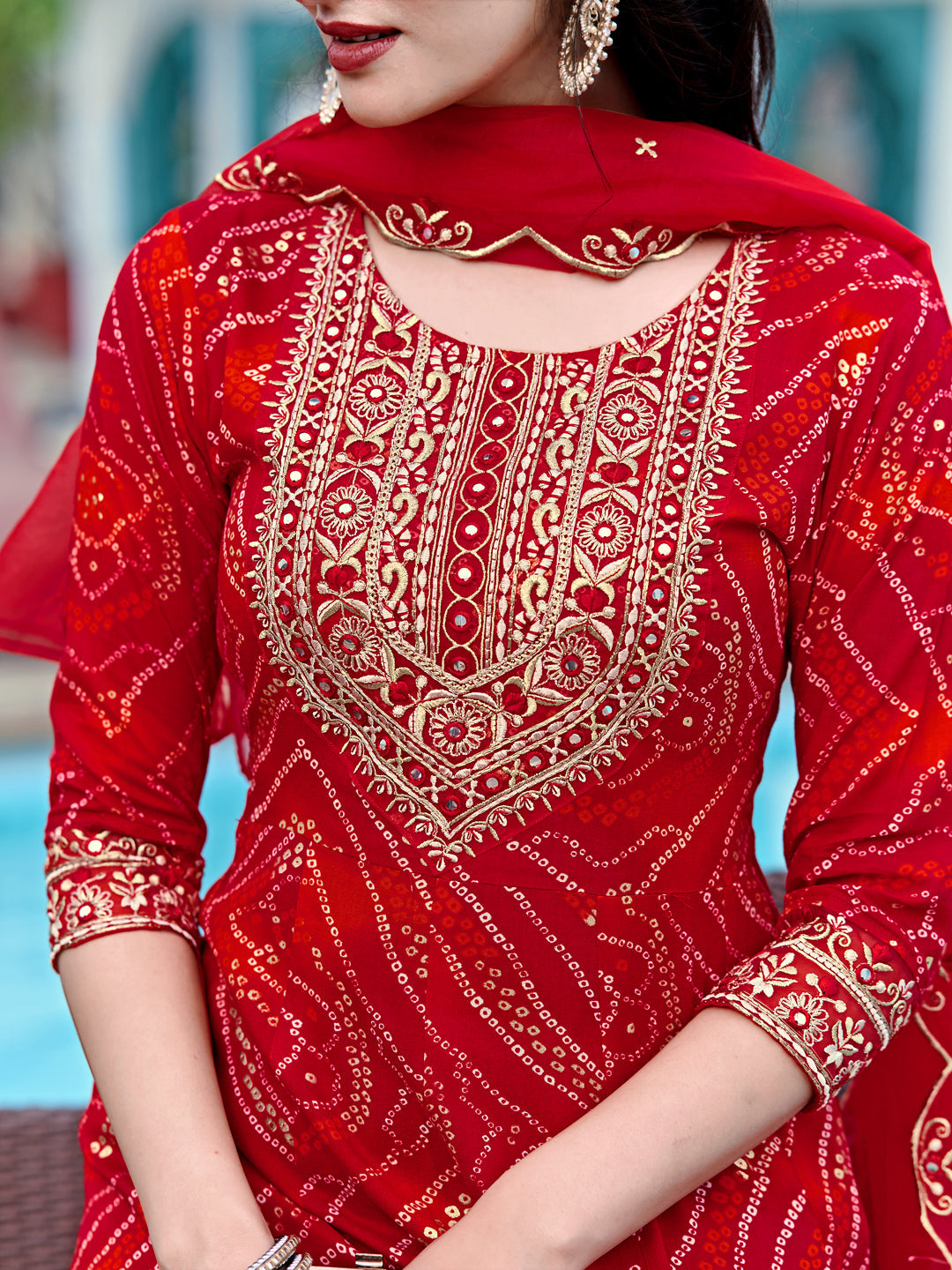 Embroidered & Bandhani Printed Flared Kurta With Pant & Printed Dupatta, Red - Hiral Fashion - Distacart