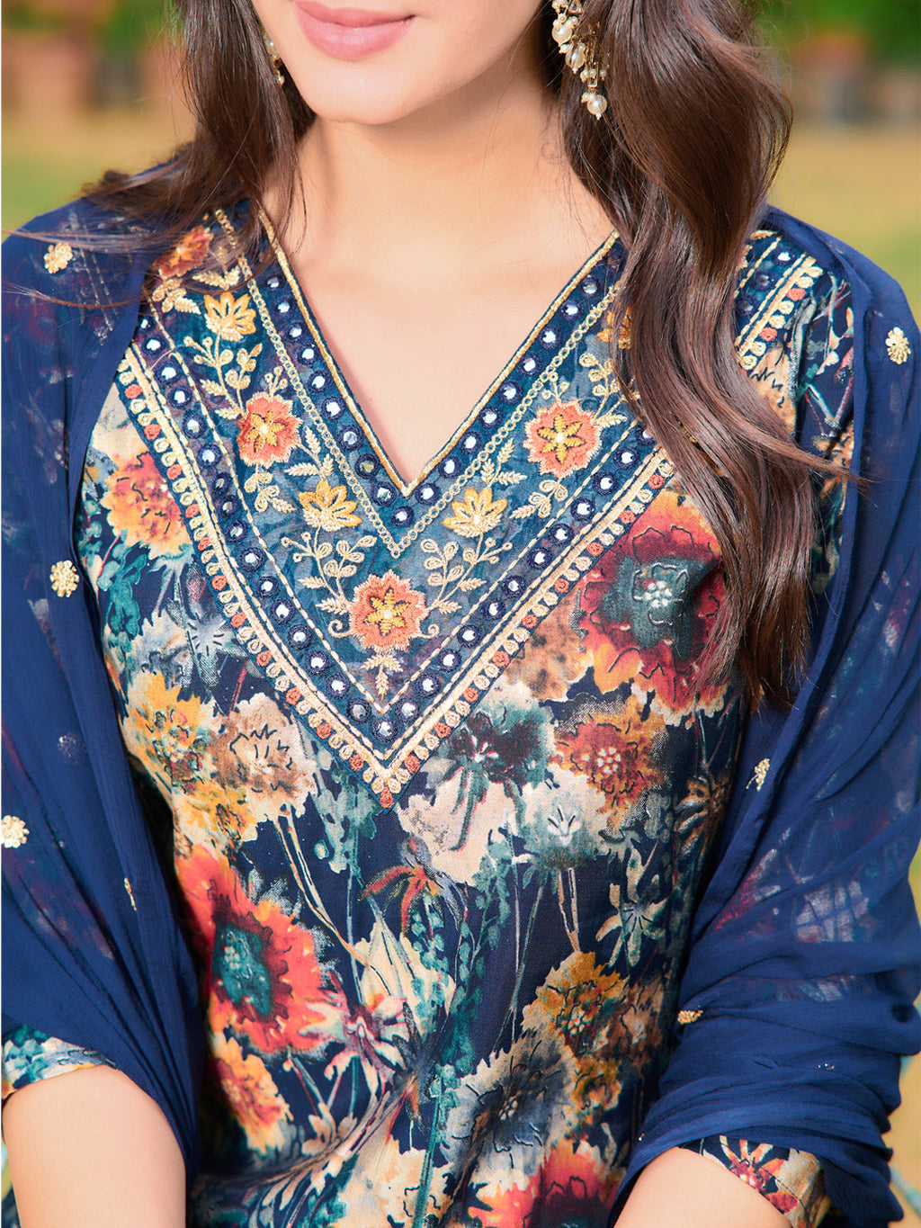 Embroidered & Floral Printed Kurta With Pant & Embroidered Dupatta, Navy Blue - Hiral Fashion - Distacart