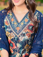 Embroidered & Floral Printed Kurta With Pant & Embroidered Dupatta, Navy Blue - Hiral Fashion - Distacart