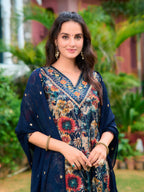 Embroidered & Floral Printed Kurta With Pant & Embroidered Dupatta, Navy Blue - Hiral Fashion - Distacart