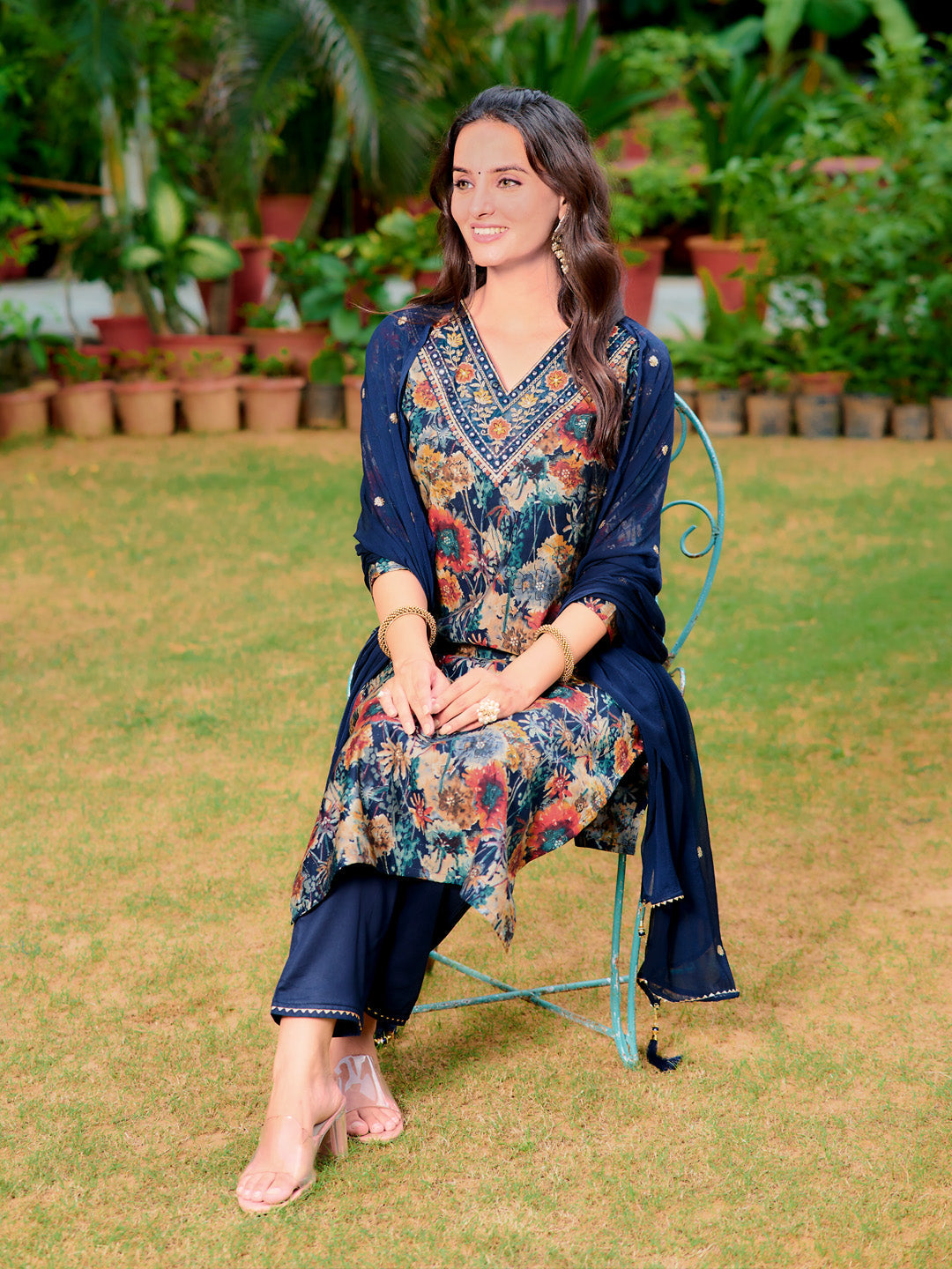 Embroidered & Floral Printed Kurta With Pant & Embroidered Dupatta, Navy Blue - Hiral Fashion - Distacart