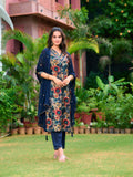Embroidered & Floral Printed Kurta With Pant & Embroidered Dupatta, Navy Blue - Hiral Fashion - Distacart