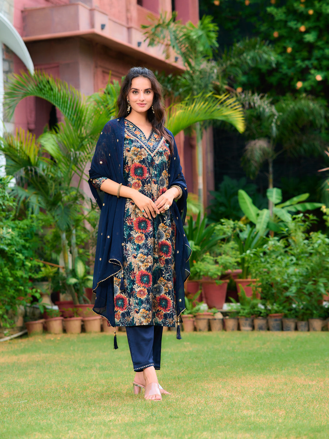 Embroidered & Floral Printed Kurta With Pant & Embroidered Dupatta, Navy Blue - Hiral Fashion - Distacart