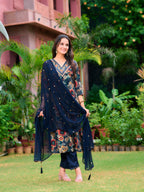 Embroidered & Floral Printed Kurta With Pant & Embroidered Dupatta, Navy Blue - Hiral Fashion - Distacart