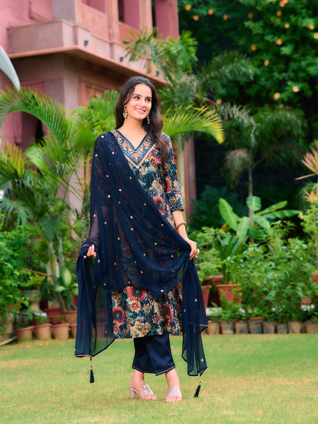 Embroidered & Floral Printed Kurta With Pant & Embroidered Dupatta, Navy Blue - Hiral Fashion - Distacart