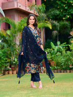 Embroidered & Floral Printed Kurta With Pant & Embroidered Dupatta, Navy Blue - Hiral Fashion - Distacart