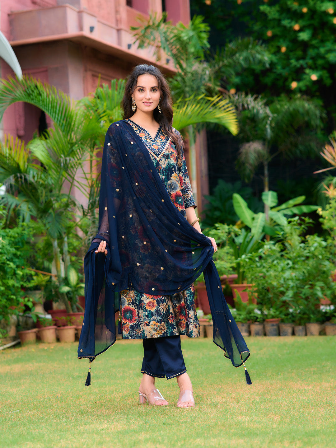 Embroidered & Floral Printed Kurta With Pant & Embroidered Dupatta, Navy Blue - Hiral Fashion - Distacart
