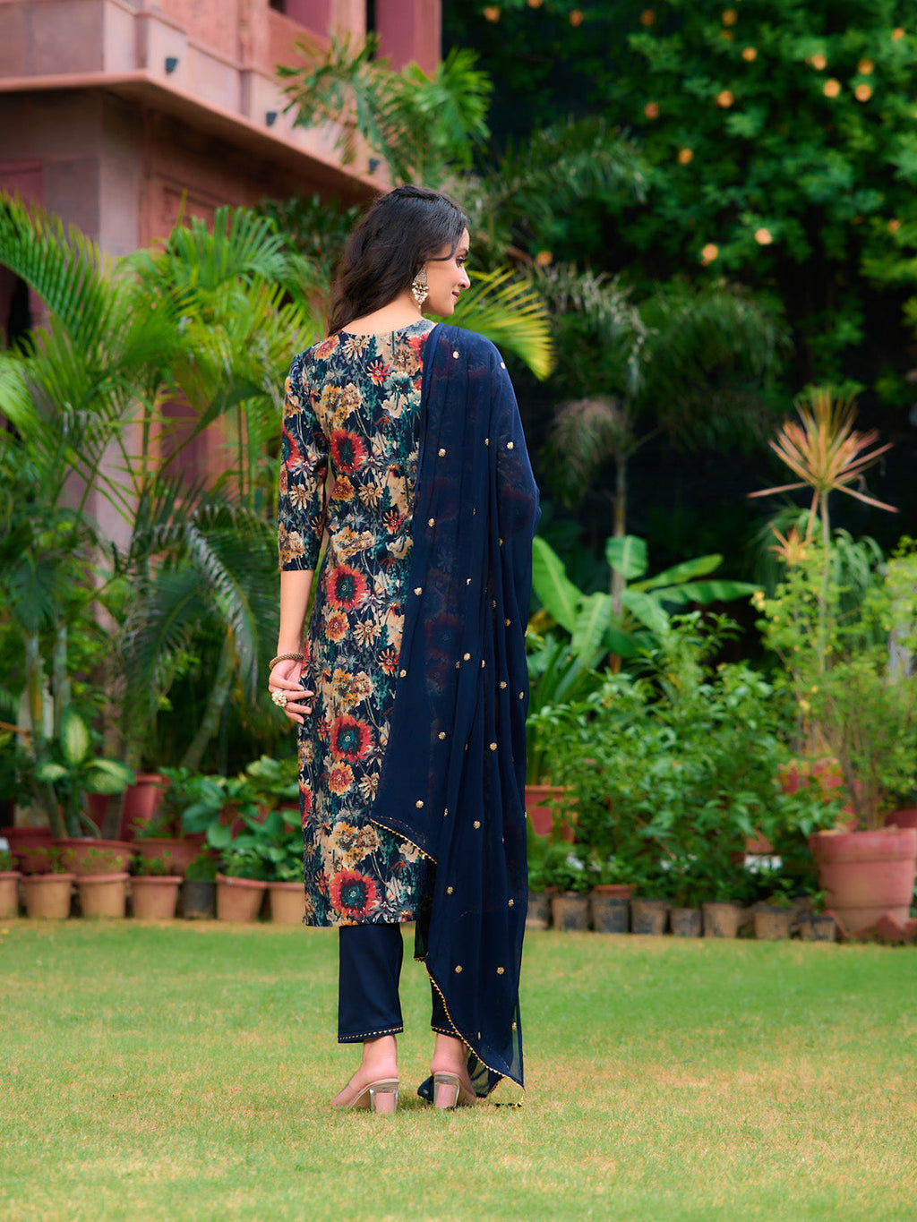 Embroidered & Floral Printed Kurta With Pant & Embroidered Dupatta, Navy Blue - Hiral Fashion - Distacart