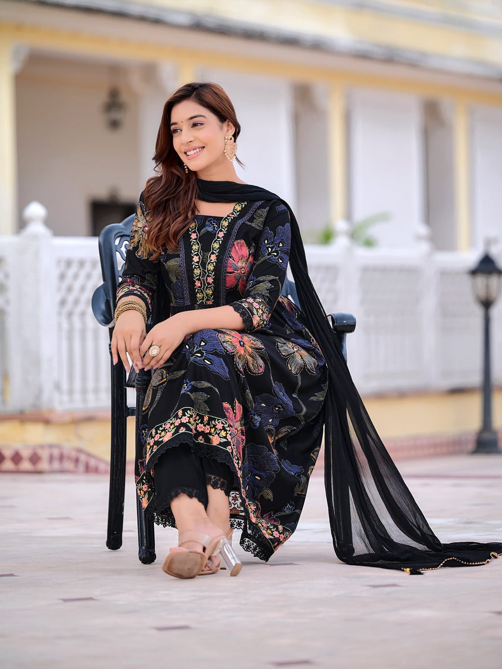 Floral Printed Embroidered Kurta With Pant & Dupatta, Black - Hiral Fashion - Distacart