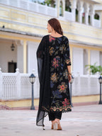 Floral Printed Embroidered Kurta With Pant & Dupatta, Black - Hiral Fashion - Distacart