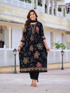 Floral Printed Embroidered Kurta With Pant & Dupatta, Black - Hiral Fashion - Distacart