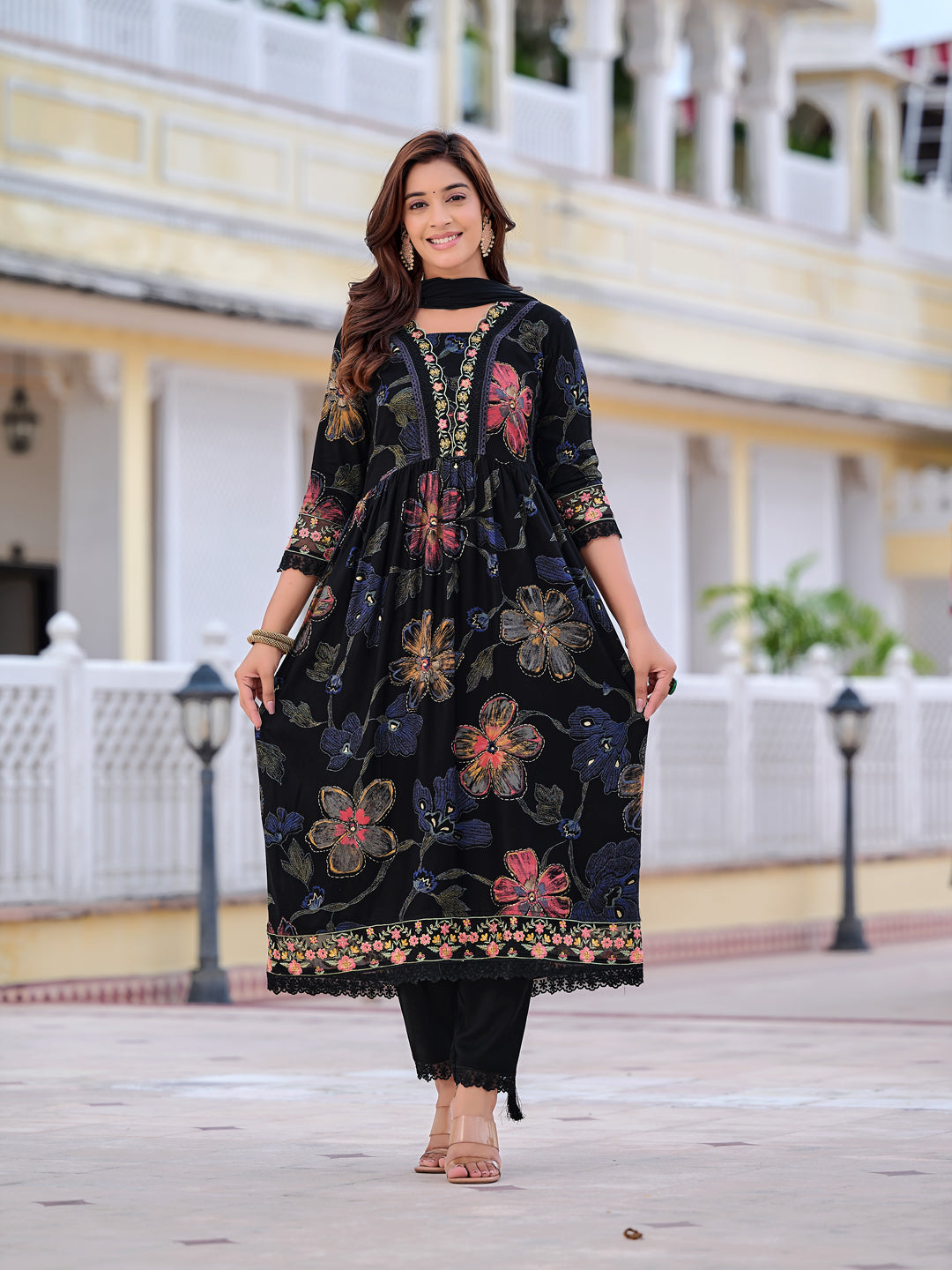 Floral Printed Embroidered Kurta With Pant & Dupatta, Black - Hiral Fashion - Distacart