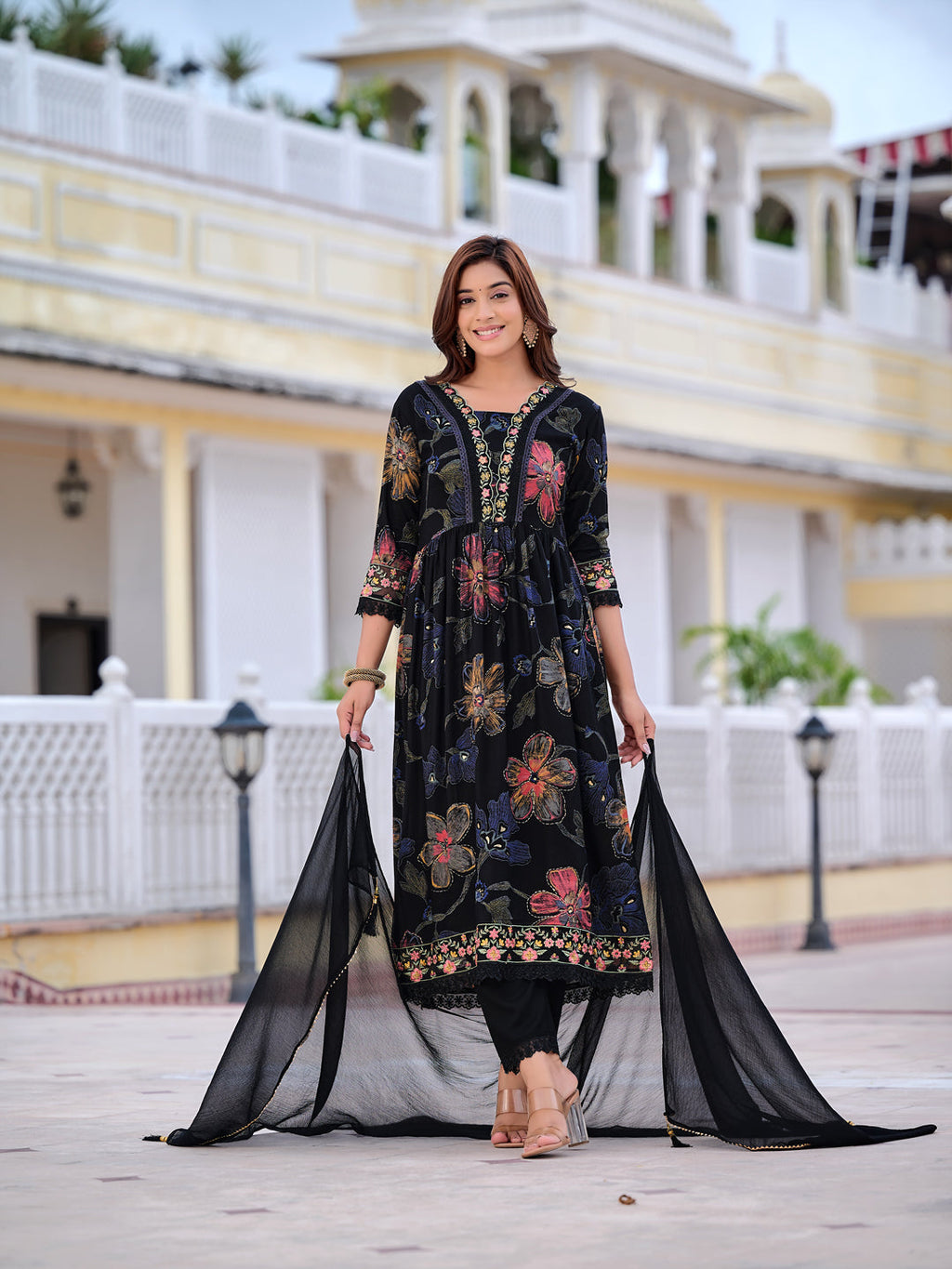 Floral Printed Embroidered Kurta With Pant & Dupatta, Black - Hiral Fashion - Distacart