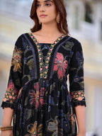 Floral Printed Embroidered Kurta With Pant & Dupatta, Black - Hiral Fashion - Distacart