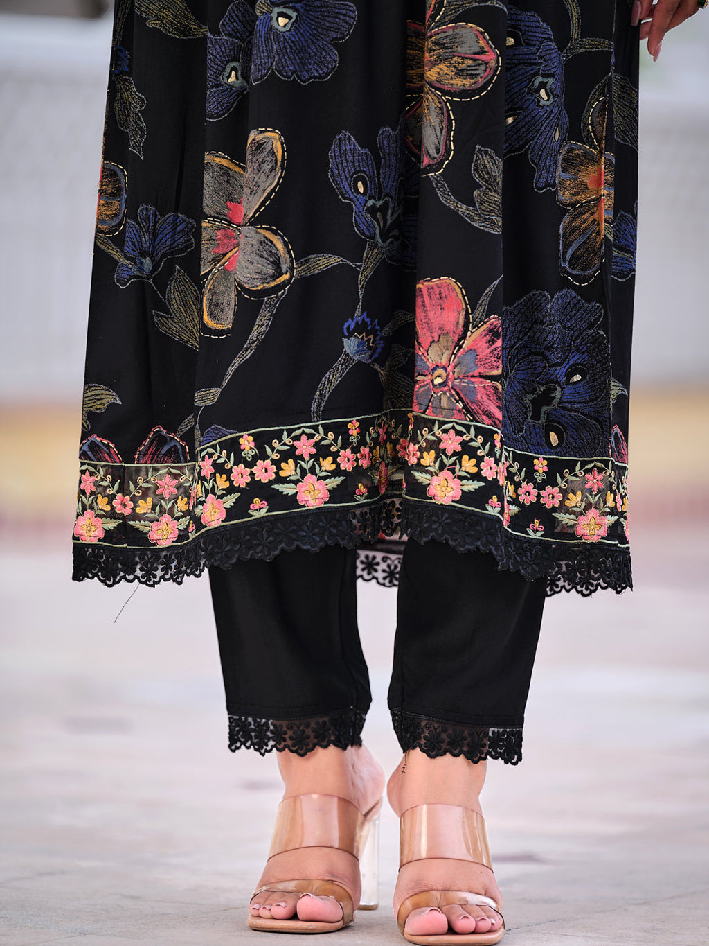 Floral Printed Embroidered Kurta With Pant & Dupatta, Black - Hiral Fashion - Distacart
