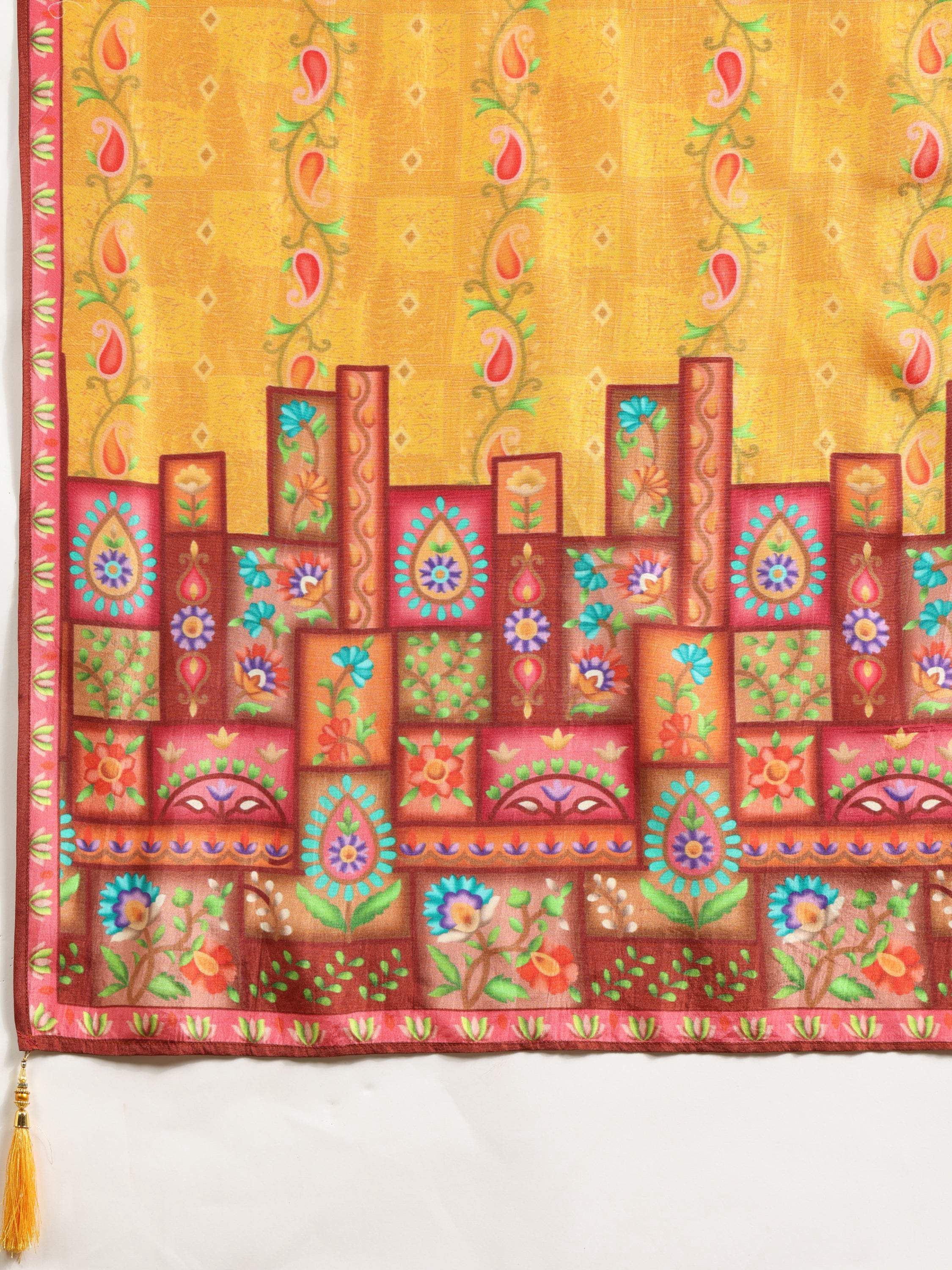 Hand Embroidered & Printed Pure Silk Kurta With Pant & Printed Dupatta, Mustard - Hiral Fashion - Distacart