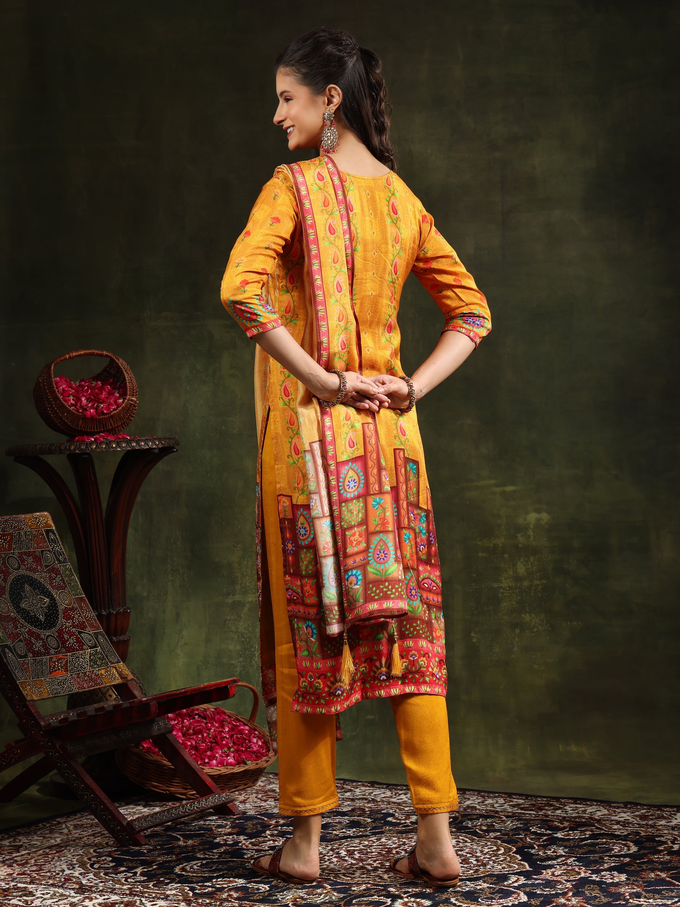 Hand Embroidered & Printed Pure Silk Kurta With Pant & Printed Dupatta, Mustard - Hiral Fashion - Distacart