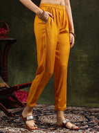 Hand Embroidered & Printed Pure Silk Kurta With Pant & Printed Dupatta, Mustard - Hiral Fashion - Distacart