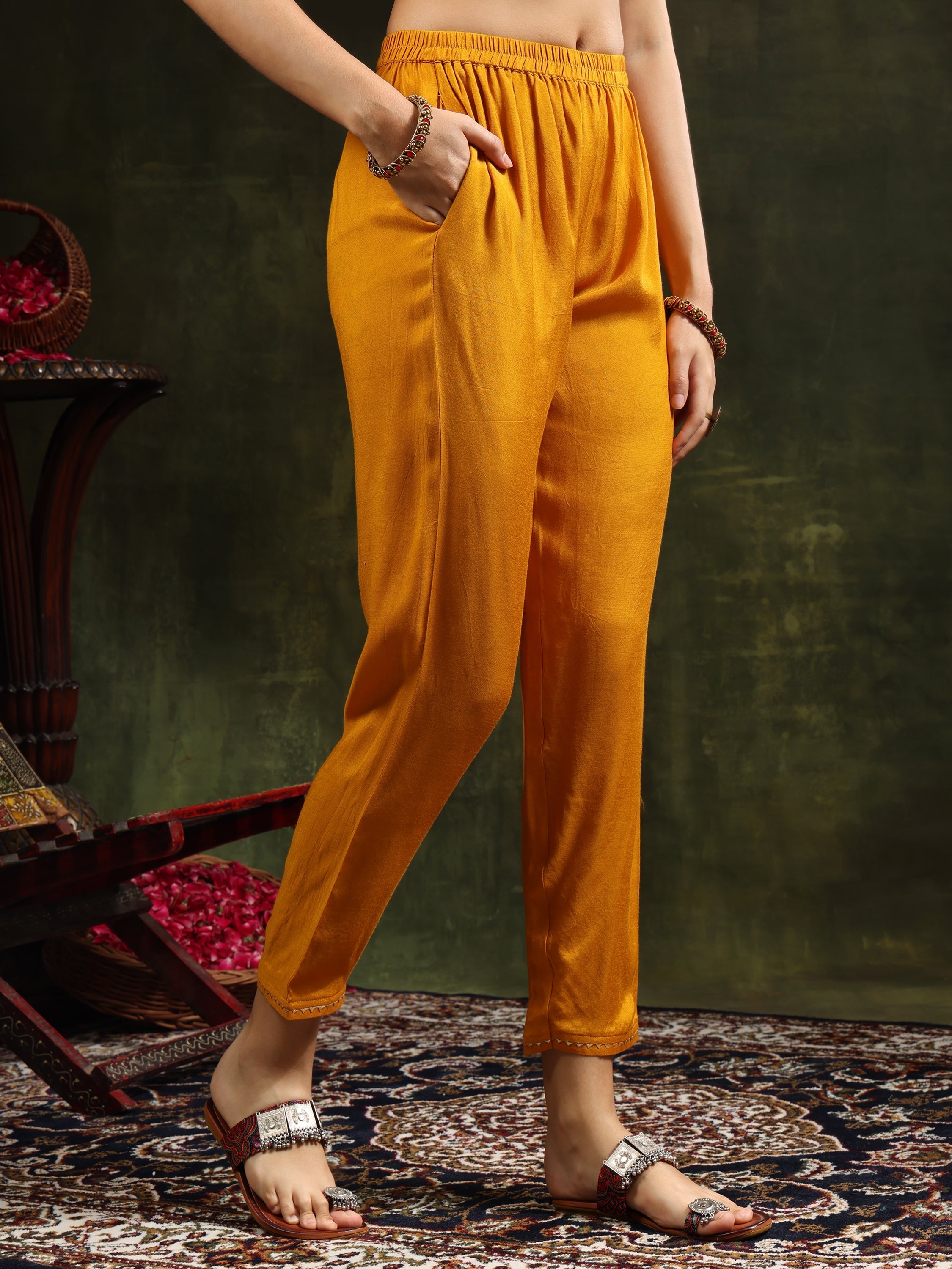 Hand Embroidered & Printed Pure Silk Kurta With Pant & Printed Dupatta, Mustard - Hiral Fashion - Distacart
