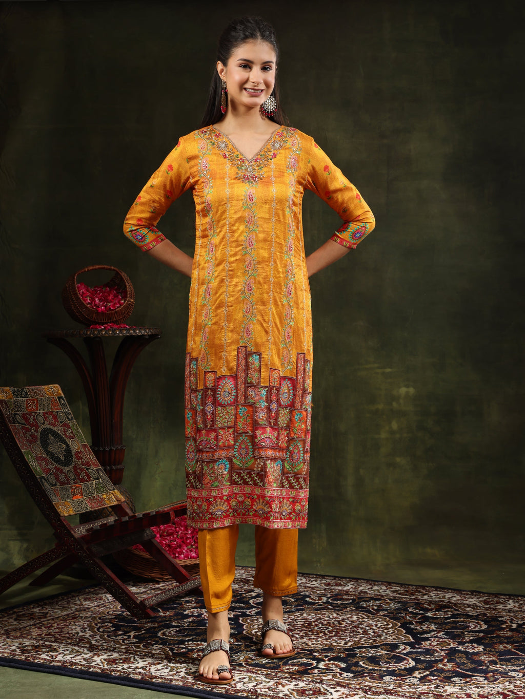 Hand Embroidered & Printed Pure Silk Kurta With Pant & Printed Dupatta, Mustard - Hiral Fashion - Distacart