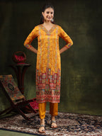 Hand Embroidered & Printed Pure Silk Kurta With Pant & Printed Dupatta, Mustard - Hiral Fashion - Distacart