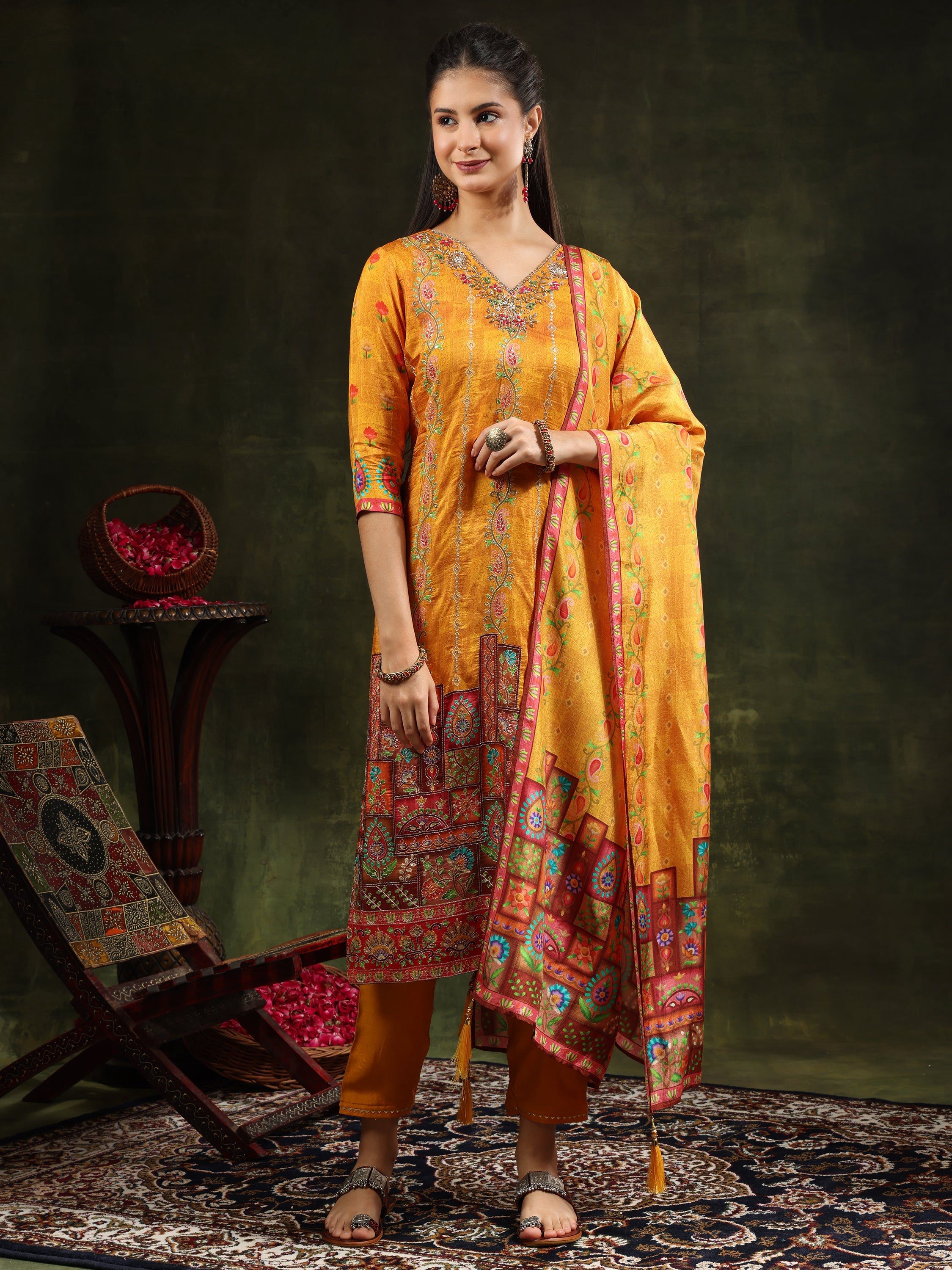 Hand Embroidered & Printed Pure Silk Kurta With Pant & Printed Dupatta, Mustard - Hiral Fashion - Distacart