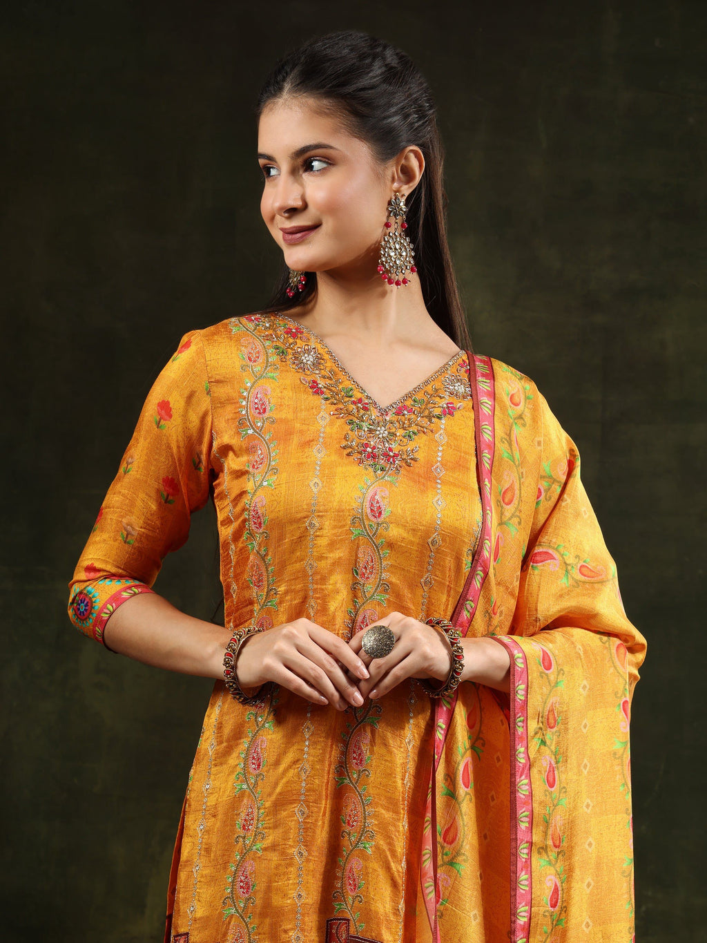 Hand Embroidered & Printed Pure Silk Kurta With Pant & Printed Dupatta, Mustard - Hiral Fashion - Distacart