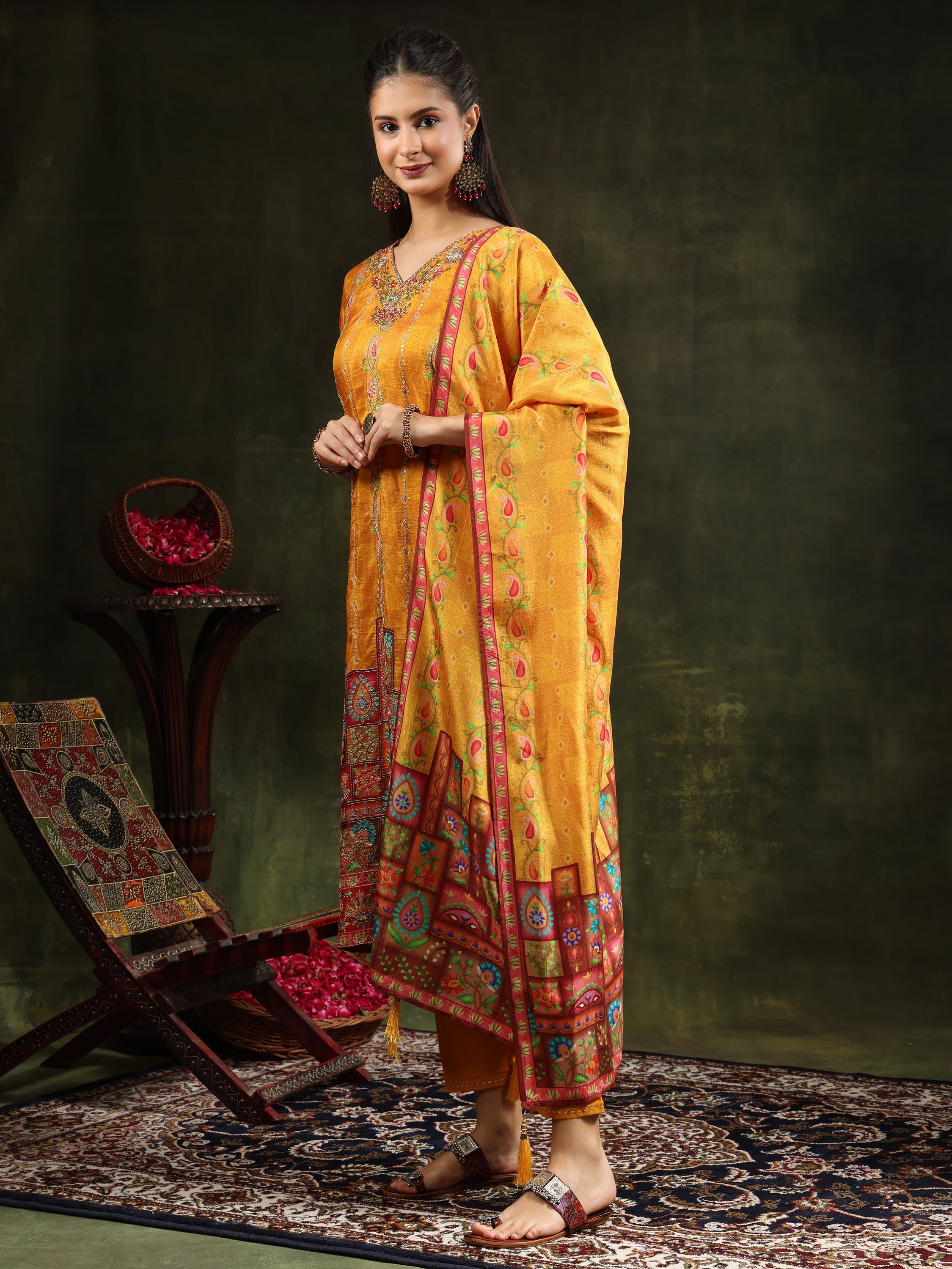 Hand Embroidered & Printed Pure Silk Kurta With Pant & Printed Dupatta, Mustard - Hiral Fashion - Distacart