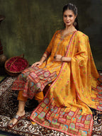 Hand Embroidered & Printed Pure Silk Kurta With Pant & Printed Dupatta, Mustard - Hiral Fashion - Distacart
