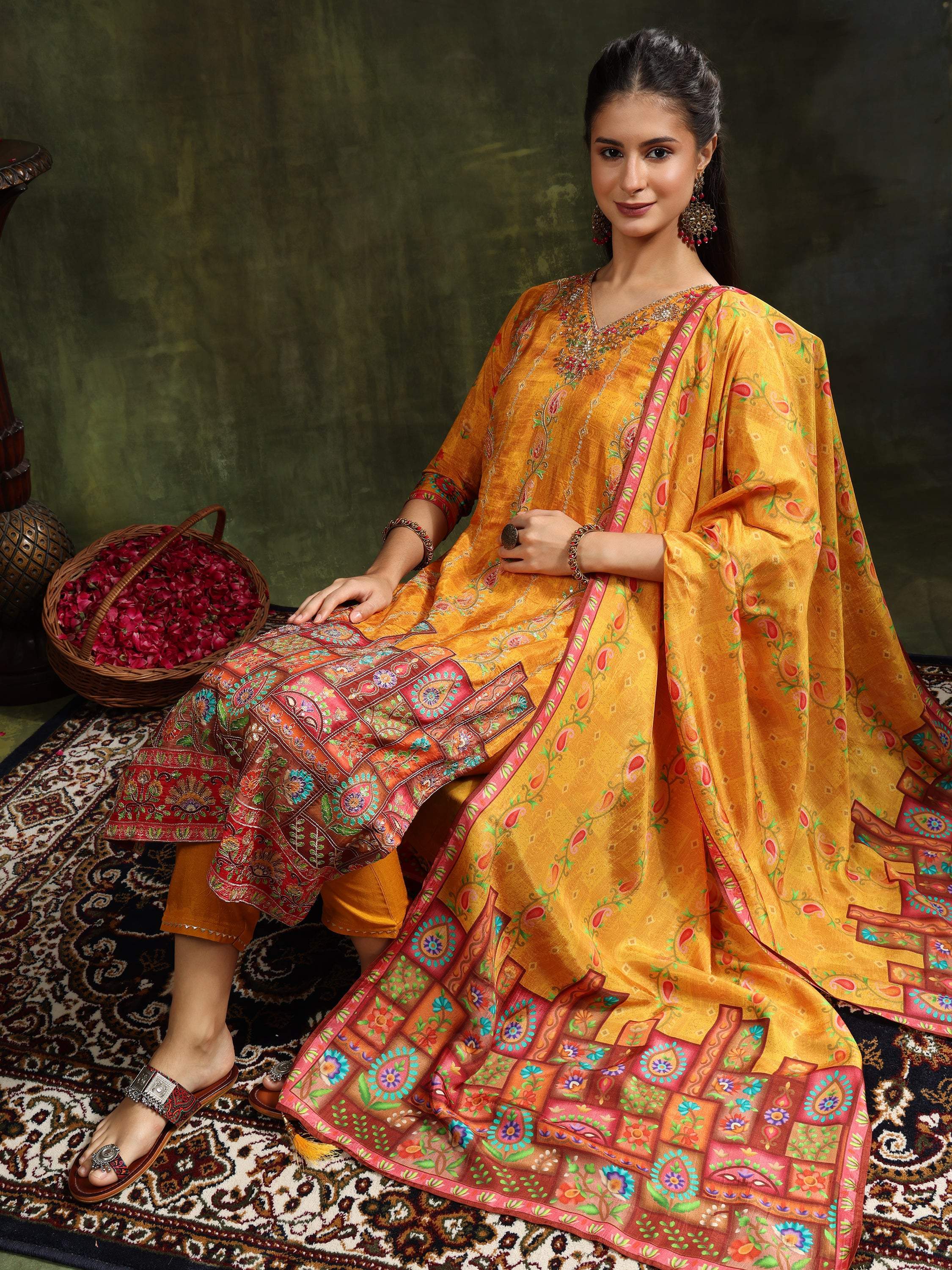 Hand Embroidered & Printed Pure Silk Kurta With Pant & Printed Dupatta, Mustard - Hiral Fashion - Distacart