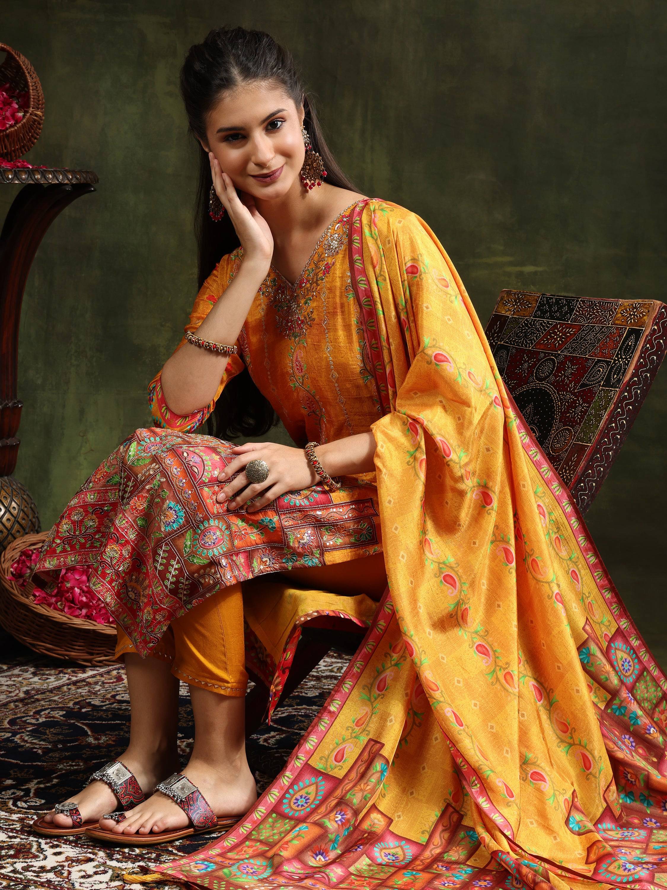 Hand Embroidered & Printed Pure Silk Kurta With Pant & Printed Dupatta, Mustard - Hiral Fashion - Distacart