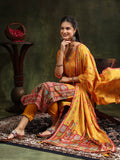 Hand Embroidered & Printed Pure Silk Kurta With Pant & Printed Dupatta, Mustard - Hiral Fashion - Distacart