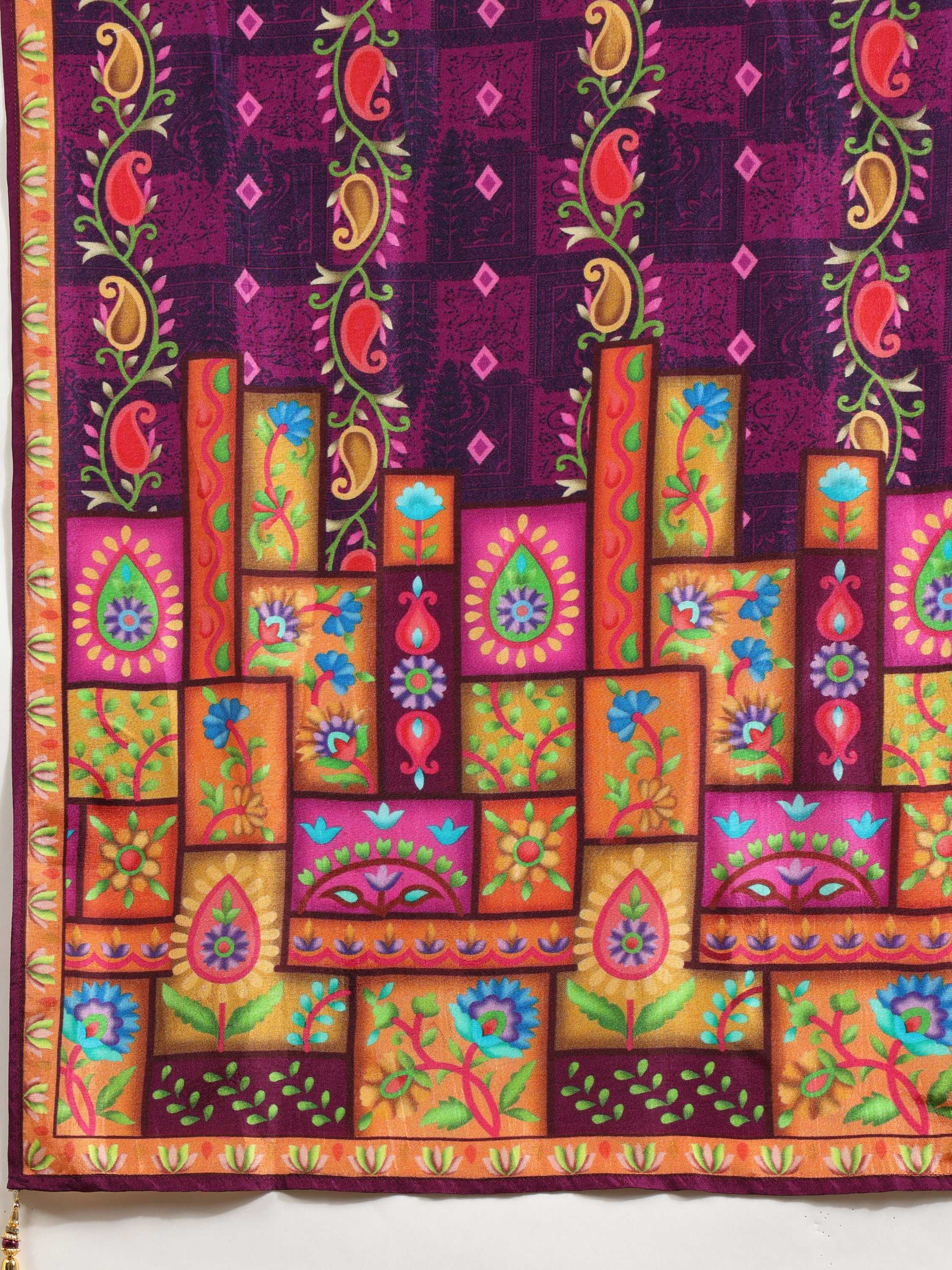 Hand Embroidered & Printed Pure Silk Kurta With Pant & Printed Dupatta, Purple - Hiral Fashion - Distacart