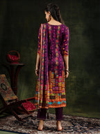 Hand Embroidered & Printed Pure Silk Kurta With Pant & Printed Dupatta, Purple - Hiral Fashion - Distacart