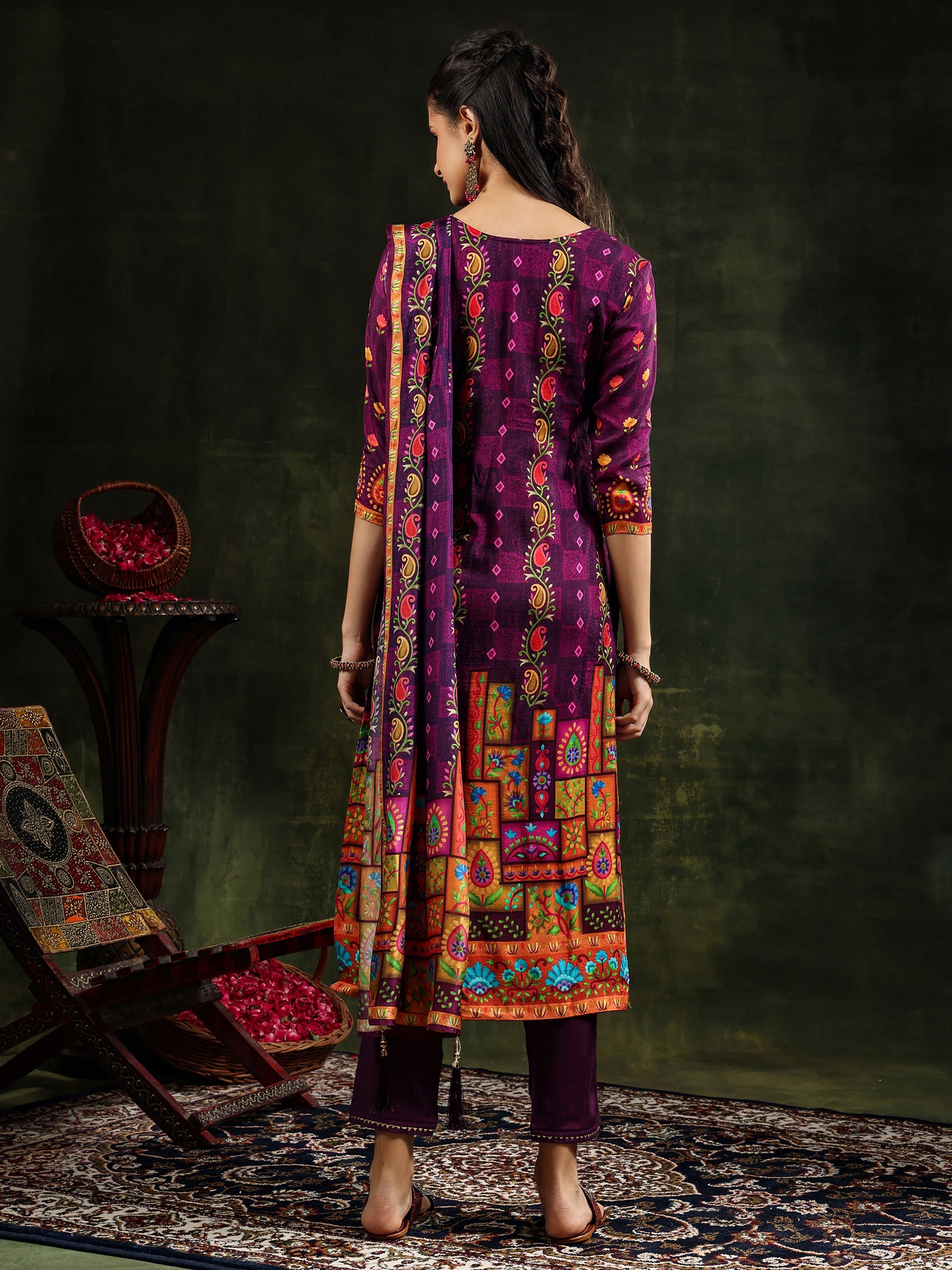 Hand Embroidered & Printed Pure Silk Kurta With Pant & Printed Dupatta, Purple - Hiral Fashion - Distacart
