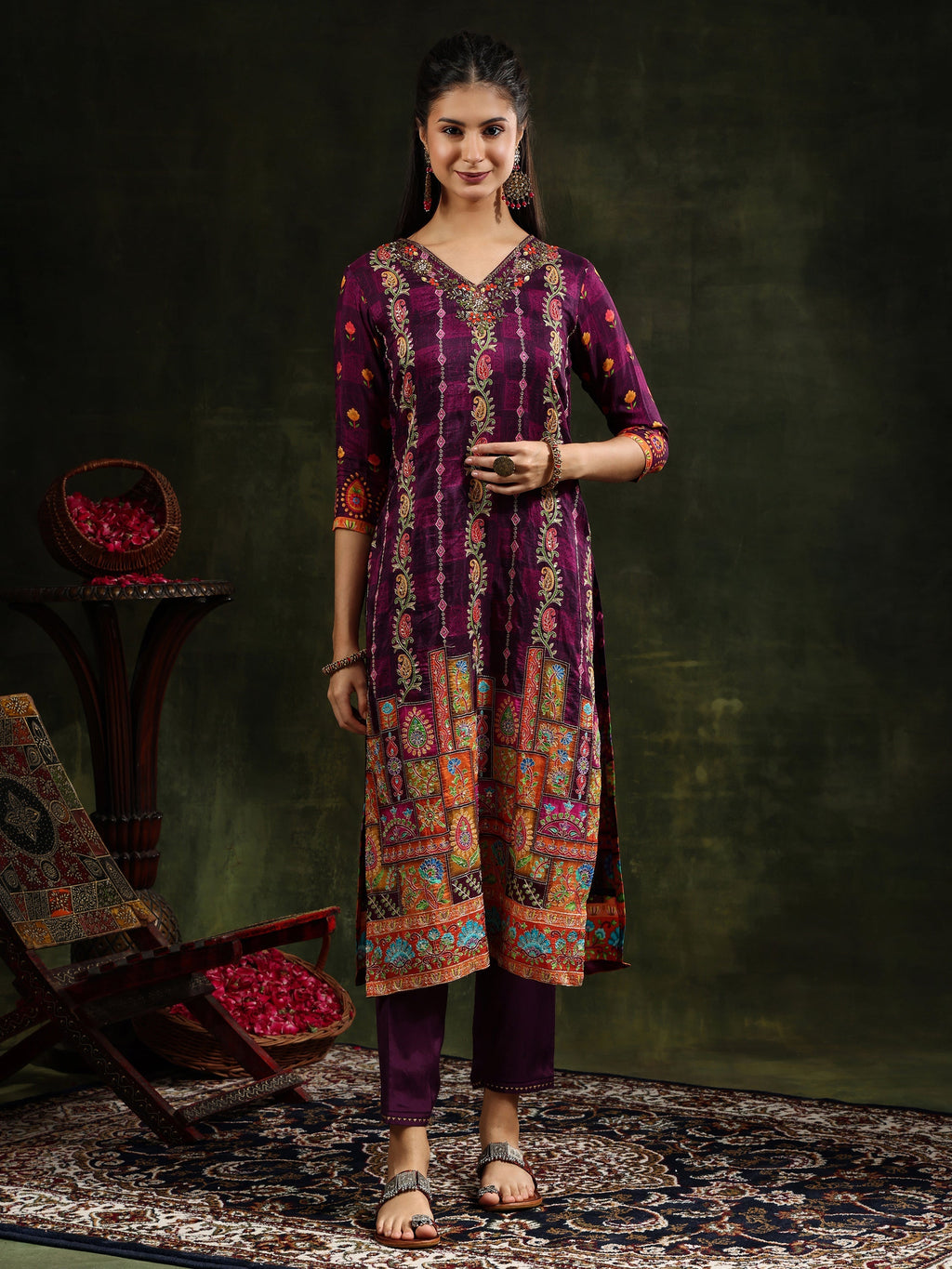Hand Embroidered & Printed Pure Silk Kurta With Pant & Printed Dupatta, Purple - Hiral Fashion - Distacart