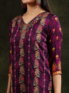Hand Embroidered & Printed Pure Silk Kurta With Pant & Printed Dupatta, Purple - Hiral Fashion - Distacart
