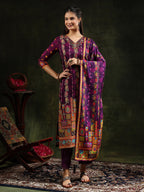 Hand Embroidered & Printed Pure Silk Kurta With Pant & Printed Dupatta, Purple - Hiral Fashion - Distacart